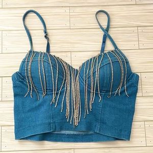Denim Rhinestone Fringe Hem Crop Top, Sexy Bra